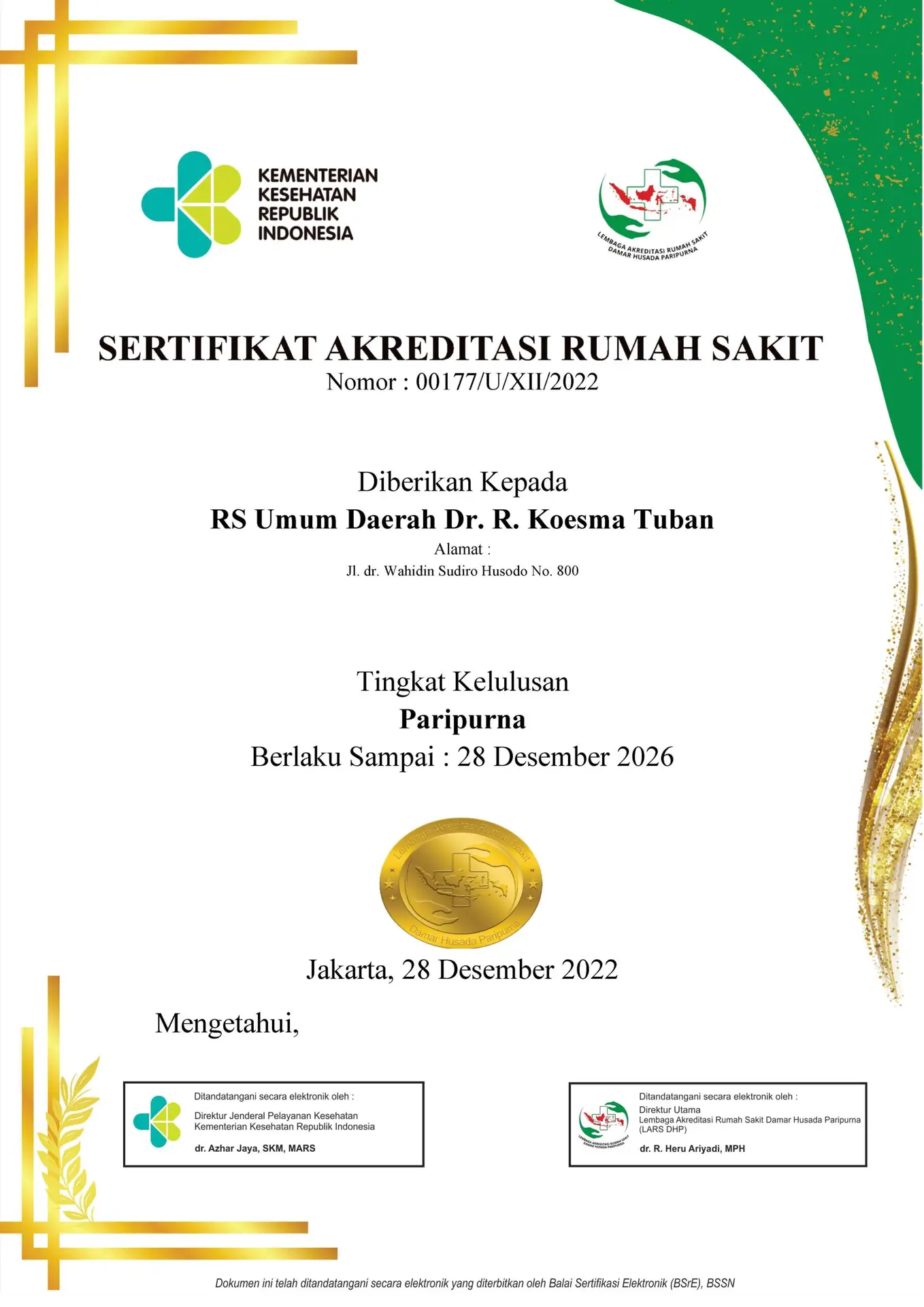 SERTIFIKAT AKREDITASI RSUD dr. R. KOESMA KABUPATEN TUBAN